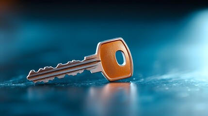 A lone metallic key rests under a soft ethereal blue glow in a darkened minimalist room its form subtly reflecting the cool light in a serene contemplative atmosphere