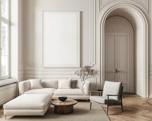 Modern living room interior with an empty picture frame mockup on the wall. Bright, spacious elegant apartment with stucco and wood floor.