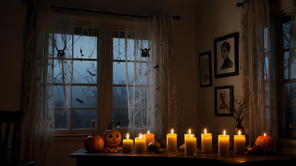 curtains with a Halloween-themed painting, featuring spooky designs such as ghosts, bats, and dark trees