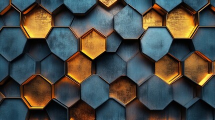 Poster - A striking wall features hexagonal shapes in blue and gold, creating a modern and artistic atmosphere. The interplay of colors and shadows adds depth and visual interest to the design.