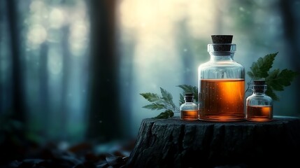 Glass bottles containing amber liquid on a wooden stump, softly illuminated by nature.