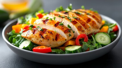 Grilled chicken breast served on a fresh salad with colorful vegetables.