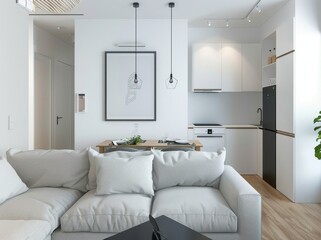 Modern, minimalist studio apartment interior with white walls, a comfortable sofa, and a compact kitchen. Perfect for a single resident or a couple.