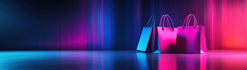 Wall Mural - Vibrant shopping bags illuminated in neon colors against a dark background, creating a trendy and energetic retail atmosphere.