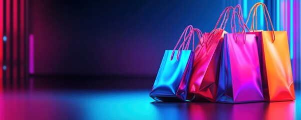 Wall Mural - A vibrant arrangement of shopping bags in blue, pink, and orange hues, set against a dark, illuminated background.