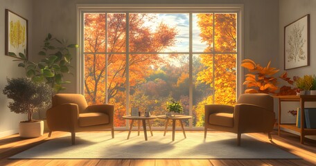 Living room interior with two armchairs facing a large window with an autumnal view.