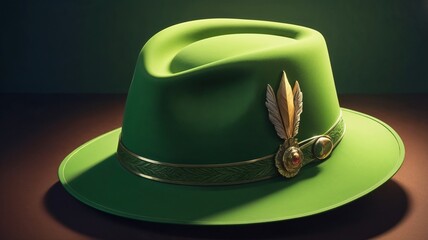 Stylish green hat adorned with decorative feathers and a shiny badge on a dark background