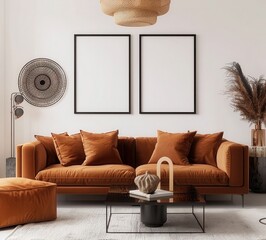 Modern living room interior with a comfy brown velvet sofa and two empty picture frames for your design. 3D rendering