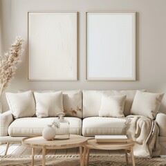 Minimalist living room interior with two mock up posters on a neutral wall above a beige sofa decorated with pillows and a blanket.