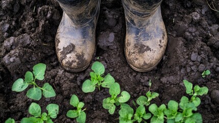 Wall Mural - Close-up of farmer's muddy boots standing next to freshly planted seedlings, symbolizing hard work and hope for future crops.