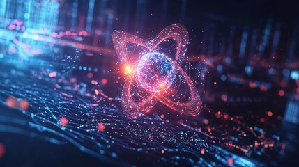 Dynamic atom in motion above vibrant data statistics and analytical graphs 
