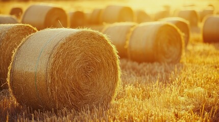 Canvas Print - Close-up of golden hay bales resting in a sunlit harvested field, a symbol of summer bounty and agricultural success.