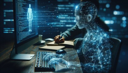 AI Development Concept: Programmer Typing Code While Holographic Digital Human Emerges, Symbolizing Deep Learning, Artificial Intelligence Creation, and Human-Machine Integration