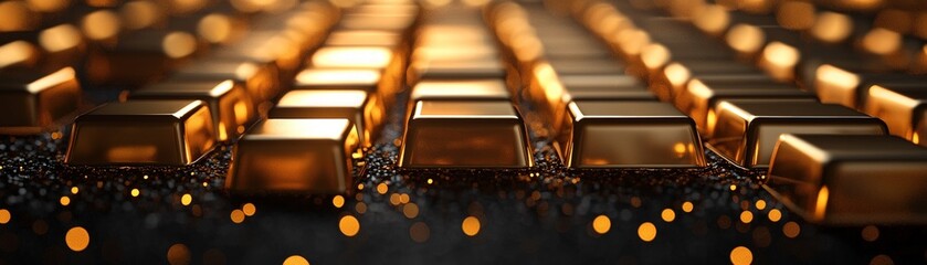 A close-up view of shiny gold bars arranged in a pattern, reflecting light against a dark background, showcasing the richness and allure of precious metals.