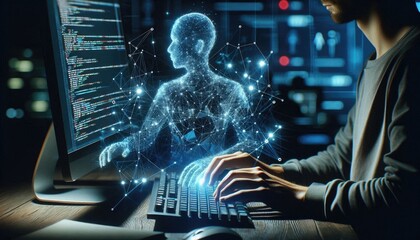 AI Development Concept: Programmer Typing Code While Holographic Digital Human Emerges, Symbolizing Deep Learning, Artificial Intelligence Creation, and Human-Machine Integration