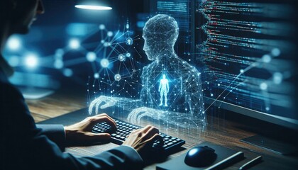 AI Development Concept: Programmer Typing Code While Holographic Digital Human Emerges, Symbolizing Deep Learning, Artificial Intelligence Creation, and Human-Machine Integration