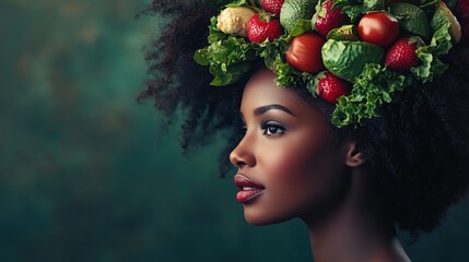 Poster - Portrait of black woman with healthy food on her hair, surreal healthy lifestyle concept