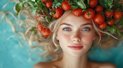 Poster - Portrait of blonde woman with healthy food on her hair, surreal healthy lifestyle concept 