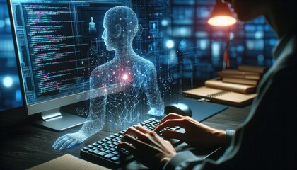 AI Development Concept: Programmer Typing Code While Holographic Digital Human Emerges, Symbolizing Deep Learning, Artificial Intelligence Creation, and Human-Machine Integration
