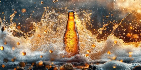 a bottle of beer is splashing into the water