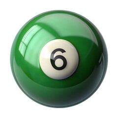 Wall Mural - green billiard ball with number 6 top view isolated on transparent background