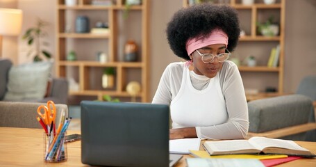 Poster - Black girl, laptop and learning in home for university, online course and research project with writing at night. Student, technology and study by desk for college, education and exam notes with book