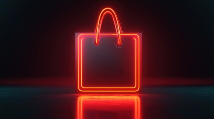 Wall Mural - A glowing red shopping bag icon against a dark background, reflecting modern aesthetics and a digital shopping theme.