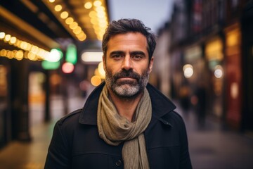 Portrait of a handsome middle-aged man with beard and mustache in the city.