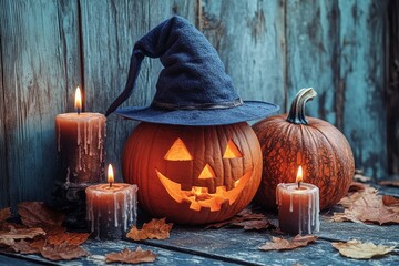 Halloween pumpkin with witch hat and candles on wooden background, festive autumn decoration with spooky charm and cozy atmosphere.