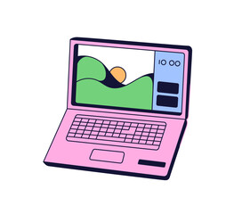 Icon of laptop in neo brutalism style. Portable computer with screen, keyboard and touchpad. Mobile pc for work. Equipment of workplace, desk workspace. Flat isolated vector illustration on white