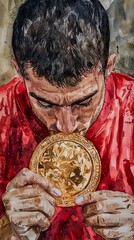 Emotional watercolor portrait of team captain kissing championship medal