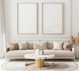 Minimalist living room interior with a beige sofa, stylish coffee table, decor and two empty frames on the wall. Blank mockup for art and design.