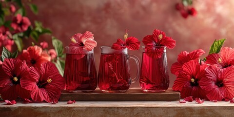 a table with a vase, pitcher, and pitcher on it