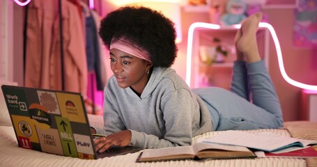 Poster - Black girl, laptop and learning in home for university, online course and research project with video at night. Student, technology and study on bed for college, education and exam notes with book