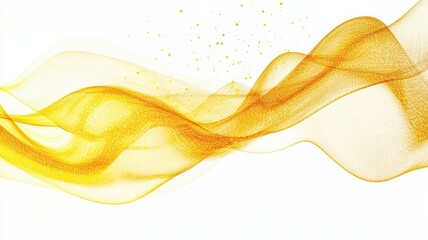 Abstract yellow flowing wave on white background, A delicate, flowing yellow wave pattern with a mesh-like texture and scattered particles, creating a light and airy abstract design on a white backgr
