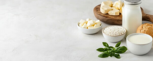 A collection of dairy products, including milk, cheese, and yogurt, arranged aesthetically on a light surface, highlighting freshness and quality.