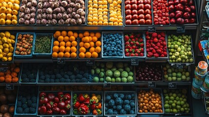 Colorful and organized display of fruits and vegetables in a grocery store