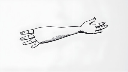 Outstretched handbreadth forearm on white backdrop. Freehand outline black ink drawn want logo pictogram emblem sketchy in retro art doodle cartoon style pen on paper space for text. Closeup side view