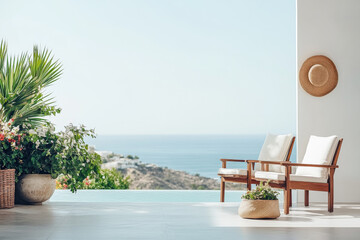 Relaxing outdoor seating area with ocean view and lush plants on a sunny day