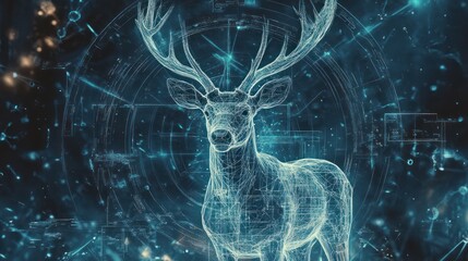 A digital representation of a deer with a futuristic, holographic design.