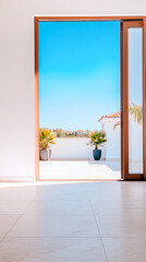 Bright and airy modern indoor space with a stunning view of a sunny outdoor terrace