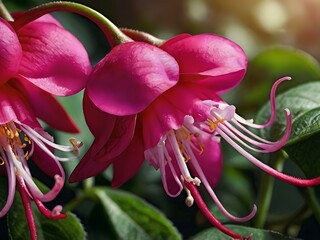 Beautiful and charming fuchsia pink flowers photographed from close range in the garden next to the house