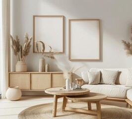 Minimalist living room interior with wooden furniture, neutral colors, two blank frames for artwork mockup, and natural light.