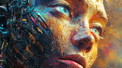 Poster - Exploring the intersection of humanity and technology a futuristic portrait showcasing robotic features and vivid colors