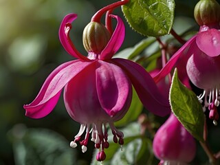 Beautiful and charming fuchsia pink flowers photographed from close range in the garden next to the house