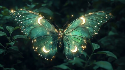 Aufkleber - A mesmerizing glowing butterfly with crescent moon-shaped wings illuminates the enchanted forest in ethereal beauty