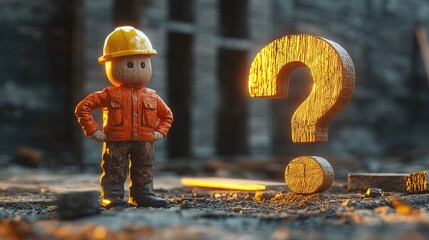 Glowing figure wooden construction worker and question mark with copy space