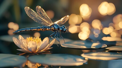 Aufkleber - A stunning robotic dragonfly gently lands on a blooming flower reflecting nature's beauty and technology in harmony