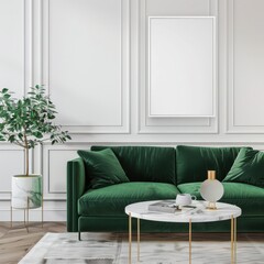 Elegant living room interior with a green velvet sofa, blank poster mockup on the wall, coffee table, and stylish decor. 3D rendering.