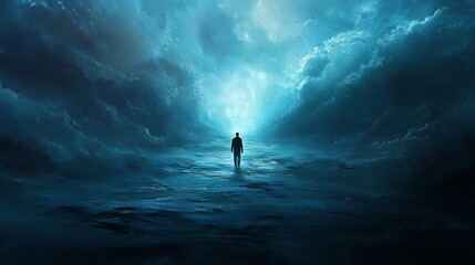 Aufkleber - Ethereal journey a solitary figure wandering through a mystical blue landscape of dreams and reflection